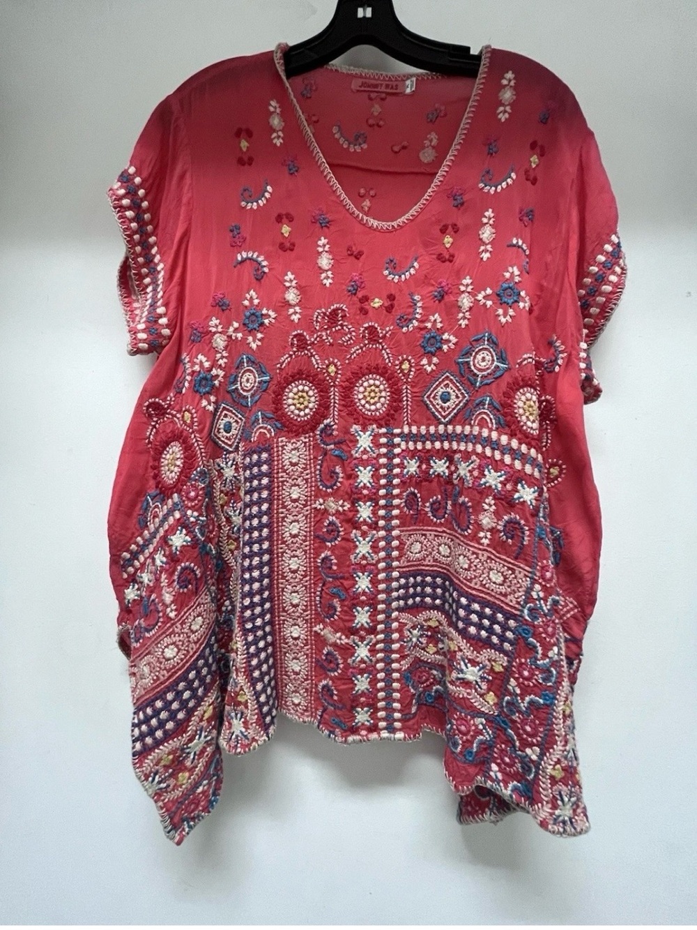 Johnny Was Coral Embroidered V-Neck Bohemian Tunic